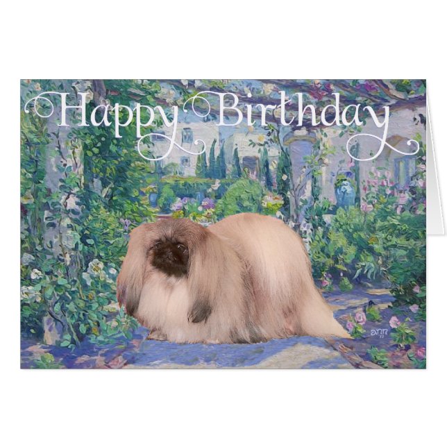 Cartão Pekingese em um Jardim Flor (Frente Horizontal)