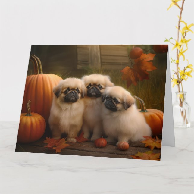 Cartão Pekingese Puppy Autumn Delight Pumpkin (Flor Amarela)