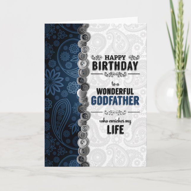 Cartão pelo padrinho Birthday Blue Paisley com botões (Frente)