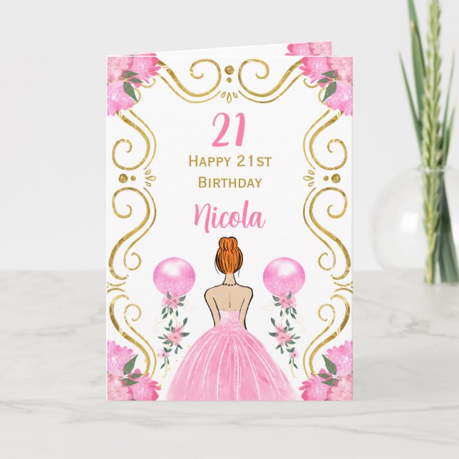 Cartão Pêlos vermelhos Princesa Rosa Feliz Aniversário (Frente)