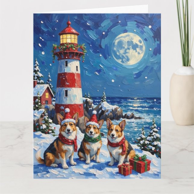 Cartão Pembroke Welsh Corgi Christmas Lighthouse Holiday (Frente)