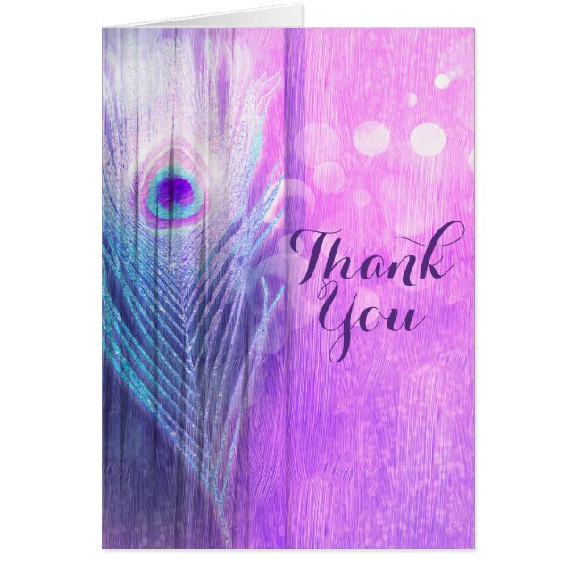 Cartão Pena de Pavão Rosa e Azul Boho Chic Agradecimento (Frente)