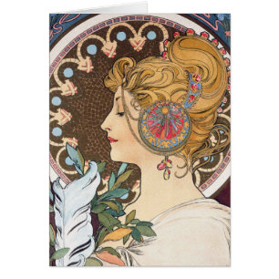 Cartão Pena por Alphonse Mucha - arte Nouveau do vintage