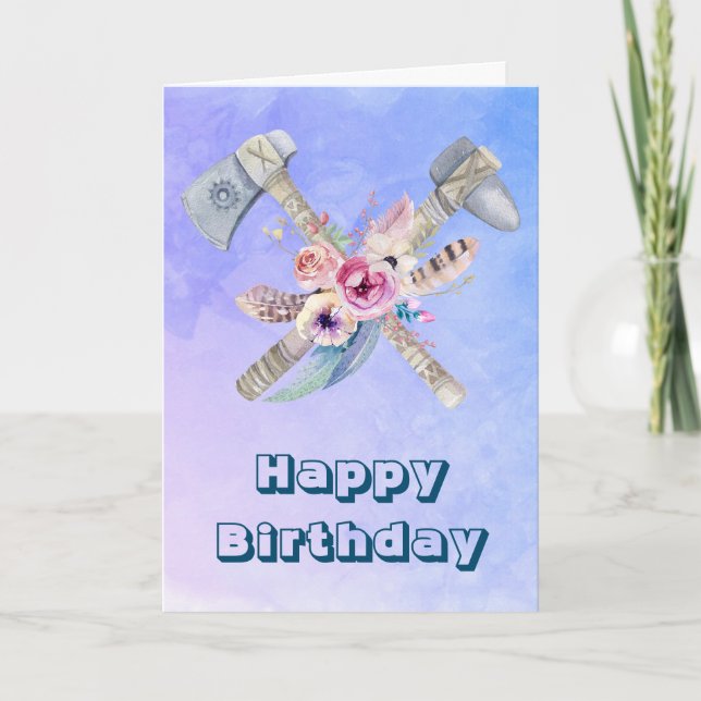 Cartão Penas de Tomahawk e Flores Feliz Aniversário (Frente)