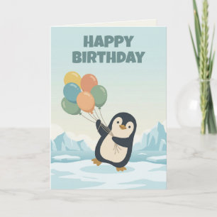 Cartão Penguin Balão de Aniversário Aniversário Infanti
