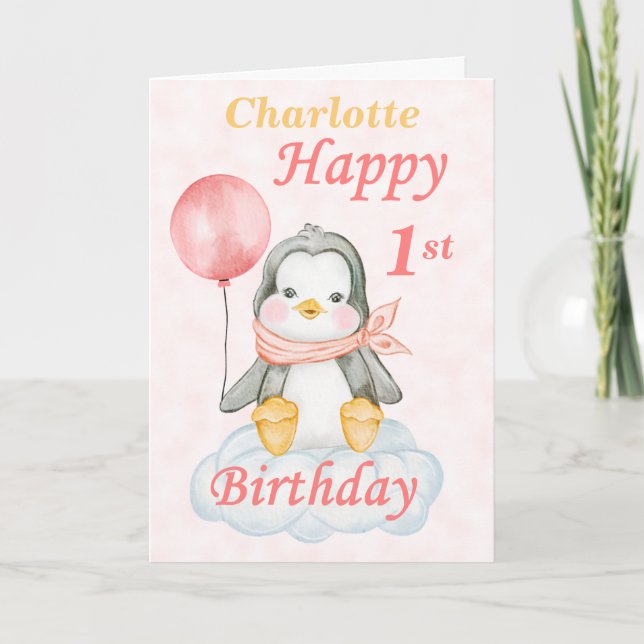 Cartão Penguin Happy 1st Birthday (Frente)