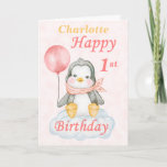 Cartão Penguin Happy 1st Birthday<br><div class="desc">A cute 1st birthday baby penguin birthday card. The card features a baby girl penguin sitting on a cloud holding a balloon. A sweet design for a little girl who will be one year old. Add the child, s name to the front of the card to customize it for that...</div>