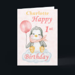 Cartão Penguin Happy 1st Birthday<br><div class="desc">A cute 1st birthday baby penguin birthday card. The card features a baby girl penguin sitting on a cloud holding a balloon. A sweet design for a little girl who will be one year old. Add the child, s name to the front of the card to customize it for that...</div>