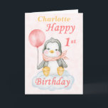 Cartão Penguin Happy 1st Birthday<br><div class="desc">A cute 1st birthday baby penguin birthday card. The card features a baby girl penguin sitting on a cloud holding a balloon. A sweet design for a little girl who will be one year old. Add the child, s name to the front of the card to customize it for that...</div>