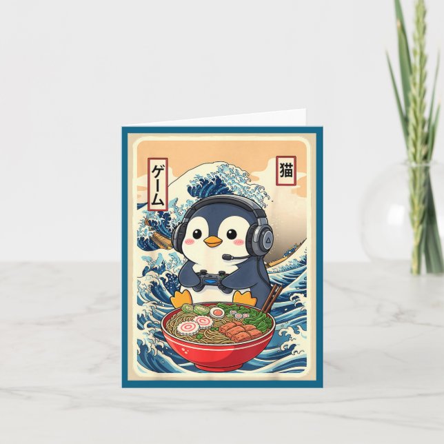Cartão Penguin Kawaii Japanese Ramen Noodle Retro Gaming  (Frente)