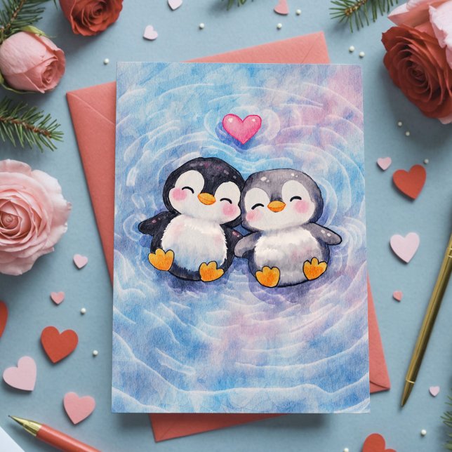 Cartão Penguins Float In Love Sweet Watercolor Valentine (Sweet watercolor Valentine card featuring loyal penguin pair, symbolizing love and devotion.)