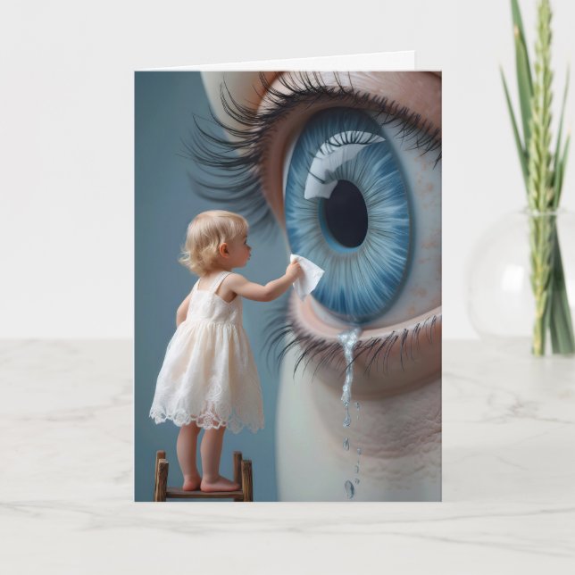 Cartão Pensando em sua garotinha limpando lágrimas (Frente)