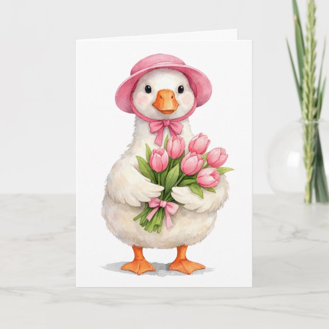 Cartão Pensando em Você Ganso Branco com Tulipas Rosa (Frente)