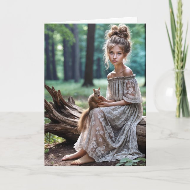 Cartão Pensando em você garota com esquilo (Frente)