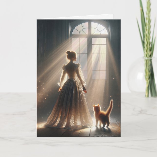 Cartão Pensando em você, garota com gatinho (Frente)