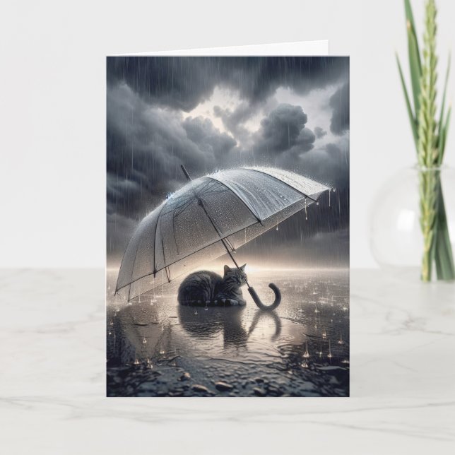 Cartão Pensando Em Você, Gato Sob O Guarda-Chuva (Frente)