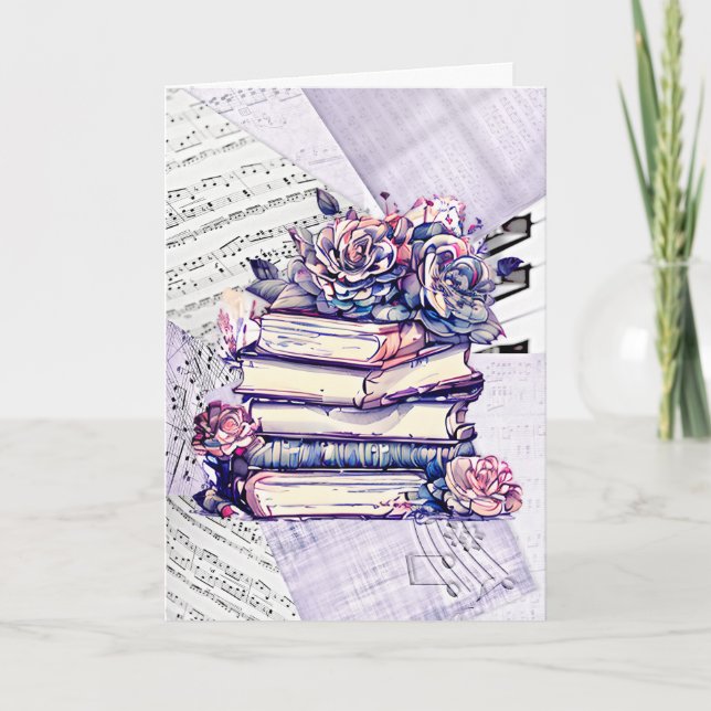 Cartão Pensando Em Você | Livros de colheita e Rosa (Frente)