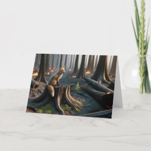 Cartão Pensando em você Raposa em Floresta Queimada