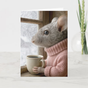 Cartão Pensando em Você Rato Com uma Xícara de Café