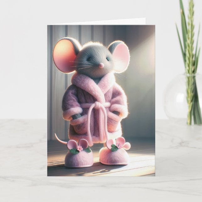 Cartão Pensando em você Rato em um Robe Rosa (Frente)