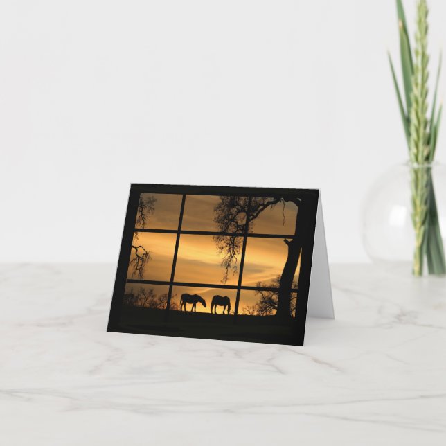 Cartão Pensando em vocês Cavalos na Janela do Sol (Frente)