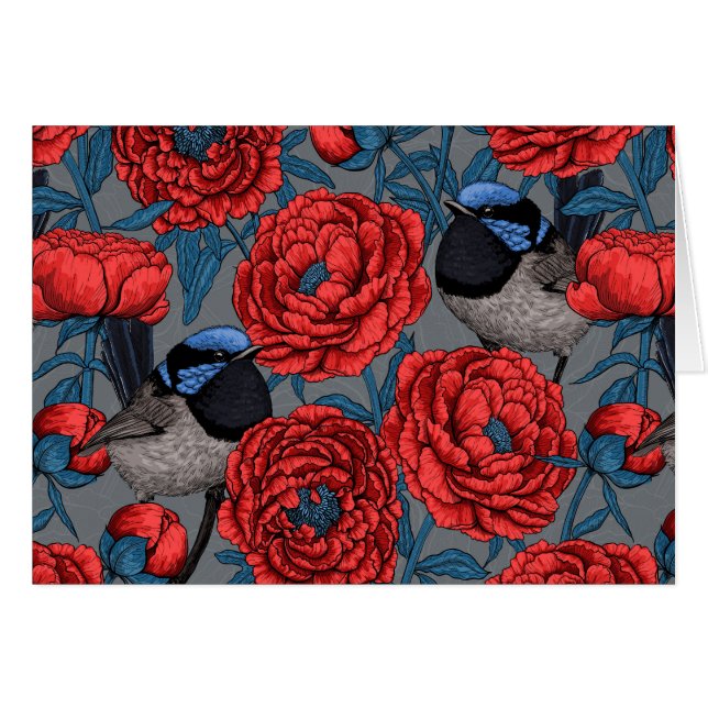 Cartão Peônias e wrenes (Frente Horizontal)