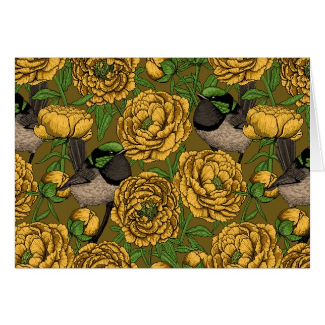 Cartão Peônias e wrenes (Frente Horizontal)