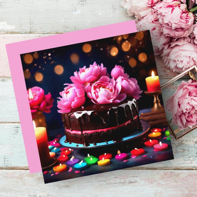 Cartão Pêonias Rosa Chocolate Aniversário Personalizado (A charming peony chocolate cake to celebrate someone's birthday or special occasion. )