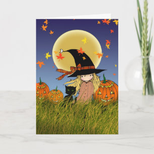 Cartão Pequena Bruxa e Carta de Halloween de Gato Preto
