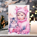 Cartão Pequena Vintage Girl e doce Kitten Natal<br><div class="desc">Cartão de Natal bonito. Adorável garotinha no boné de inverno com orelhas de gato segurando um gatinho com cinza.</div>