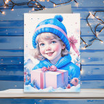 Cartão Pequena Vintage Girl no Natal Azul e Rosa<br><div class="desc">Cartão de Natal bonito. Adorável garotinha no boné de inverno segurando uma caixa de presentes retrô em rosa e azul sorrindo em um dia de inverno.</div>