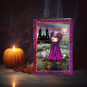 Cartão Pequena Violeta Cute Halloween Vampira, Gata e Cor
