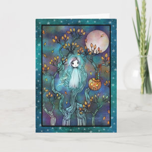 Cartão Pequeno Fantasma nas Árvores Arte Fofo de Hallowee