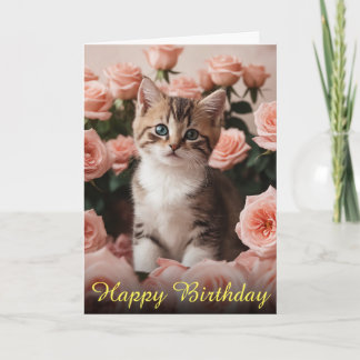 Cartão Pequeno Kitten e Rosas de Primavera doce