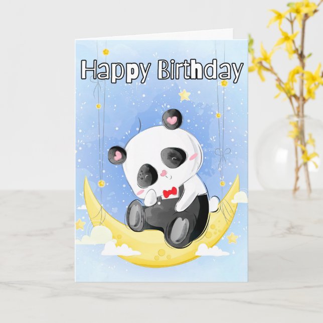 Cartão Pequeno Urso de Panda Sonolento | Feliz aniversári (Flor Amarela)