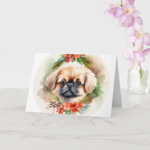 Cartão Pequinês Grinalda de Natal Cachorrinho Festivo