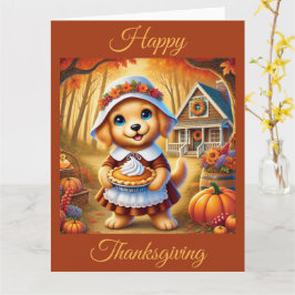 Cartão Pergrim Puppy com Pumpkin Pie no Dia de Ação de Gr