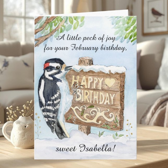Cartão Personal Happy February Birthday Downy Woodpecker (Criador carregado)