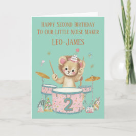 Cartão Personalised Lion Playing Drums 2nd Birthday Card