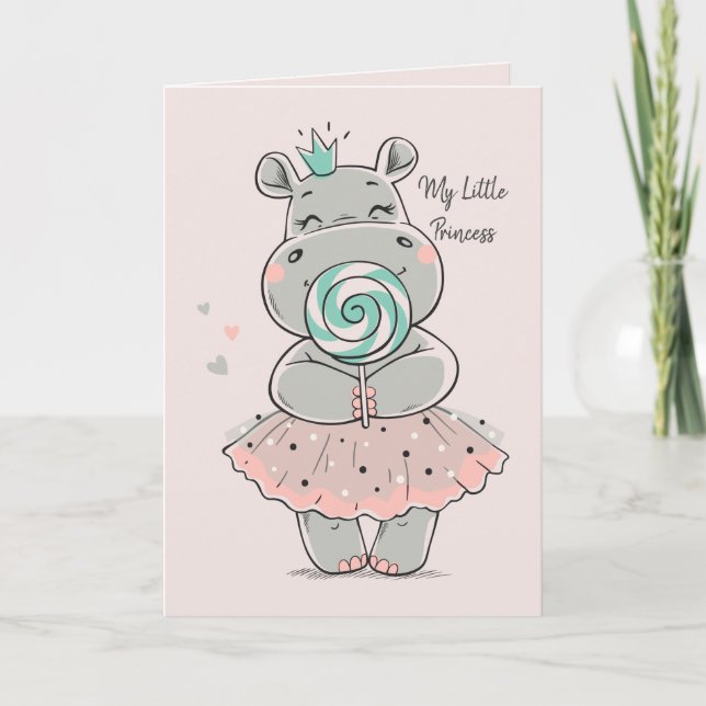 Cartão Personalizado - Cute Hippo Princess Birthda (Frente)