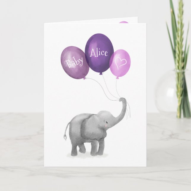 Cartão personalizado de novo bebê elefante (roxo) (Frente)