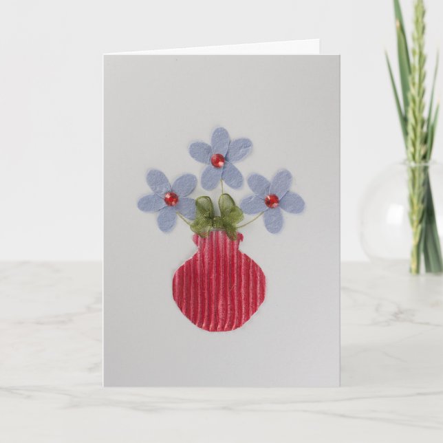 Cartão Personalizar flores azuis em vaso vermelho (Frente)