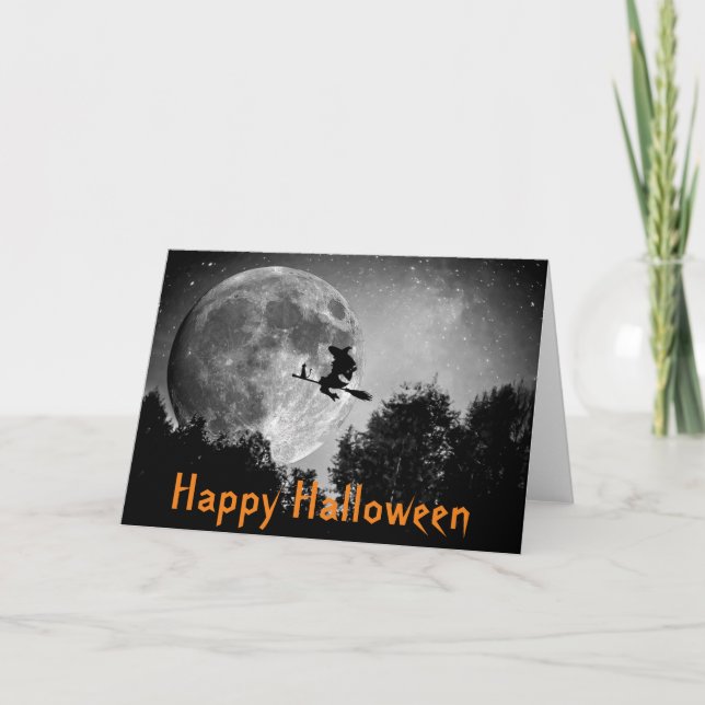 Cartão Personalizável de Halloween da Bruxa e Lua (Frente)