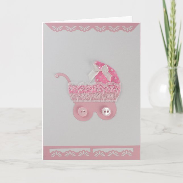 Cartão Personalize a menina Pink Stroller com rendas (Frente)
