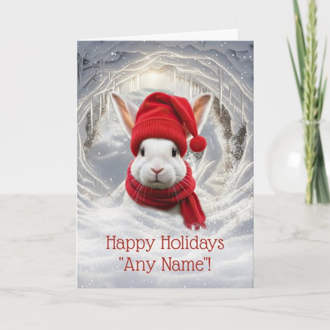 Cartão Personalize Coelhinho Branco de Natal Fofo (Frente)
