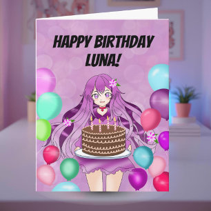Cartão Personalize Garota Adolescente Anime Com Bolo