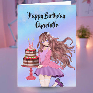 Cartão Personalize Garota Adolescente Anime Com Bolo De A