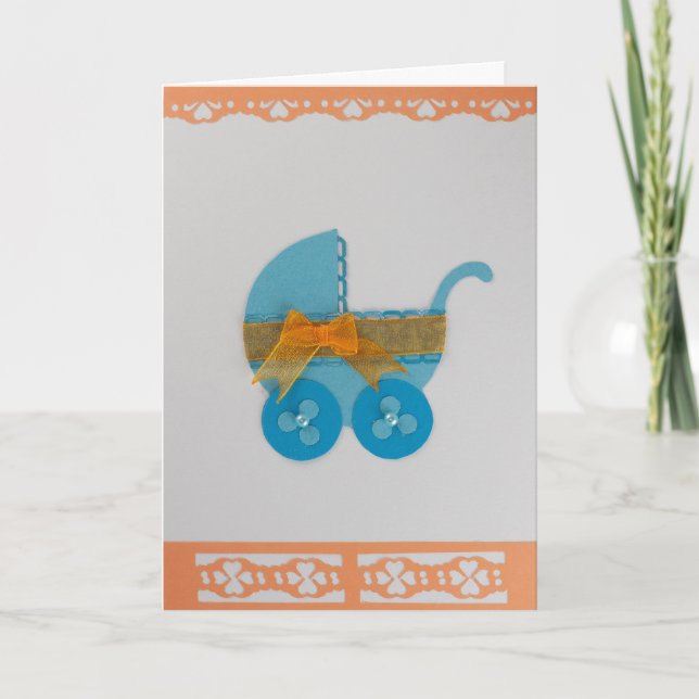 Cartão Personalize o carrinho de bebê azul com arco laran (Frente)