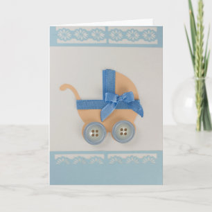 Cartão Personalize o pêssego e a carruagem azul do bebê