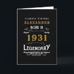 Cartão Personalized 90th Birthday Born 1931 Vintage Black<br><div class="desc">A personalized classic birthday card for that birthday celebration for somebody born in 1931 and turning 90. Add the name to this vintage retro style black, white and gold design for a custom 90th birthday gift. Easily edit the name and year with the template provided. A wonderful custom black birthday...</div>